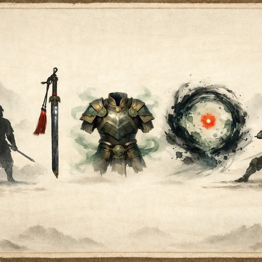 Illustration de progression montrant un combattant, une arme, une armure, une aura de magie et une posture finale