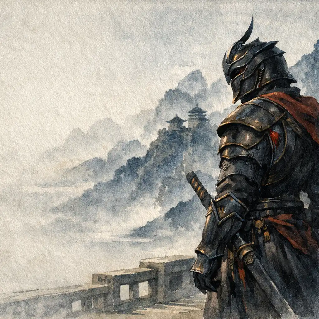 Combattant en armure sombre et casque sur une terrasse devant des montagnes noyées de brume