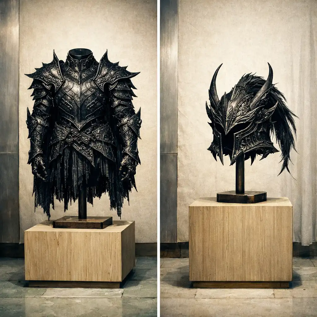 Armure fantastique exposée sur un support de bois clair dans une galerie brumeuse