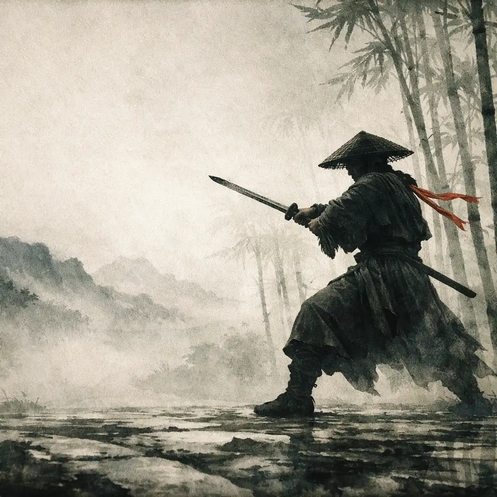 Silhouette d’un combattant anonyme en garde dans une forêt de bambous brumeuse