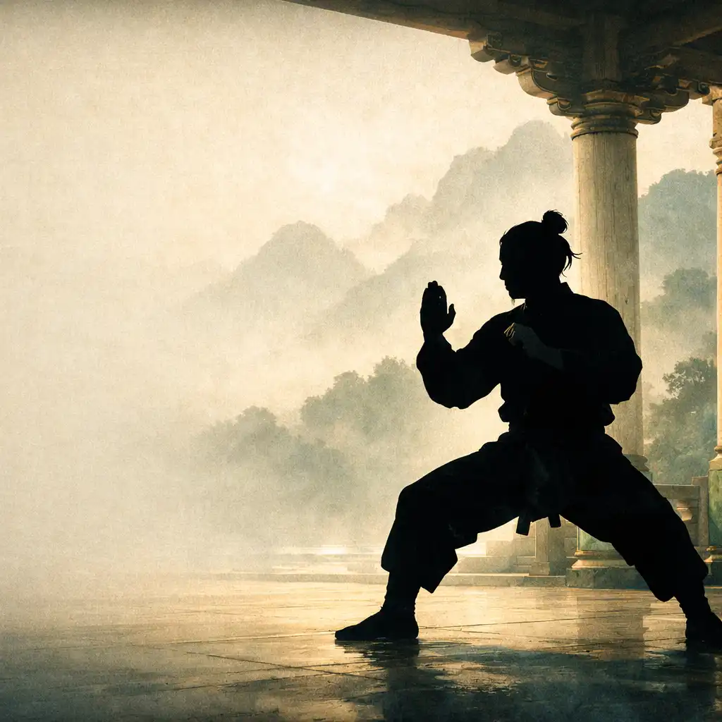 Silhouette d'un combattant en posture de garde dans un pavillon de temple lumineux