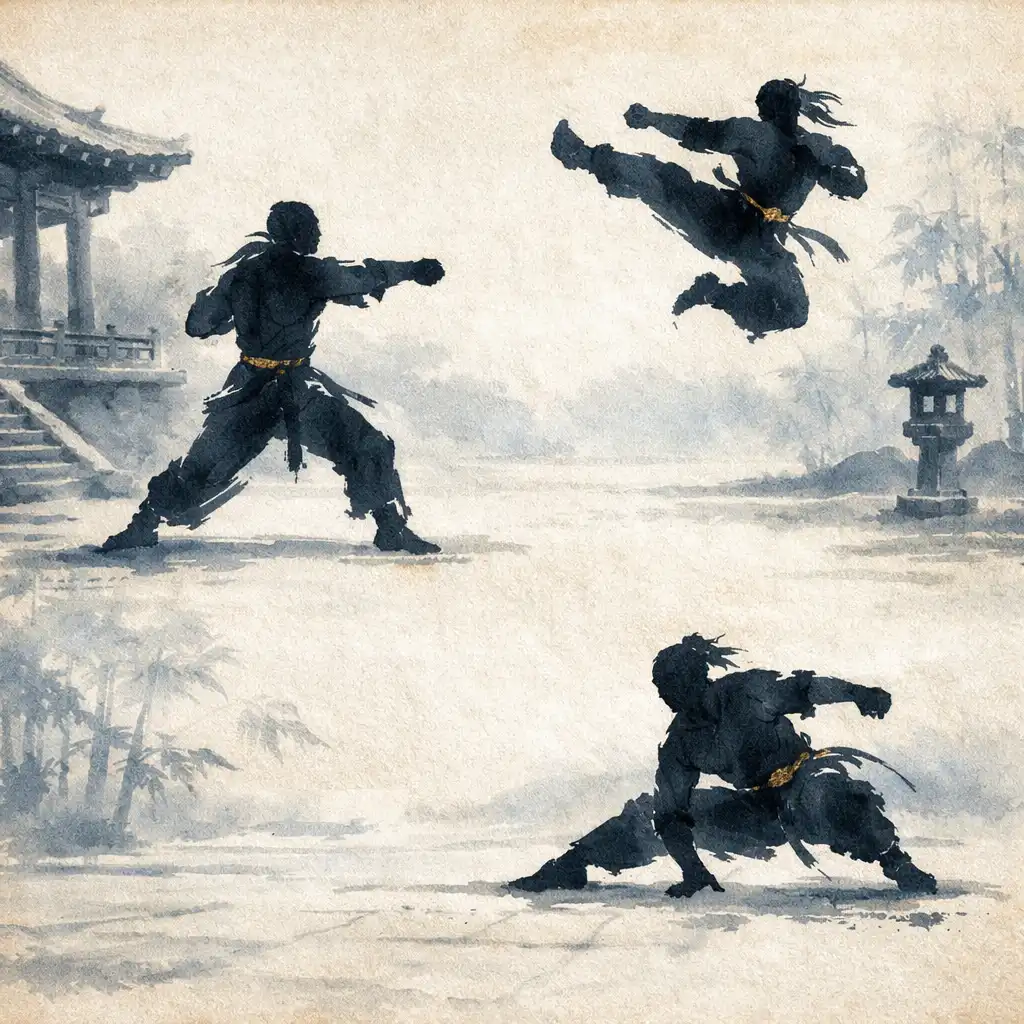 Quatre silhouettes d'un combattant en frappe, coup de pied, saut et esquive dans une cour de temple