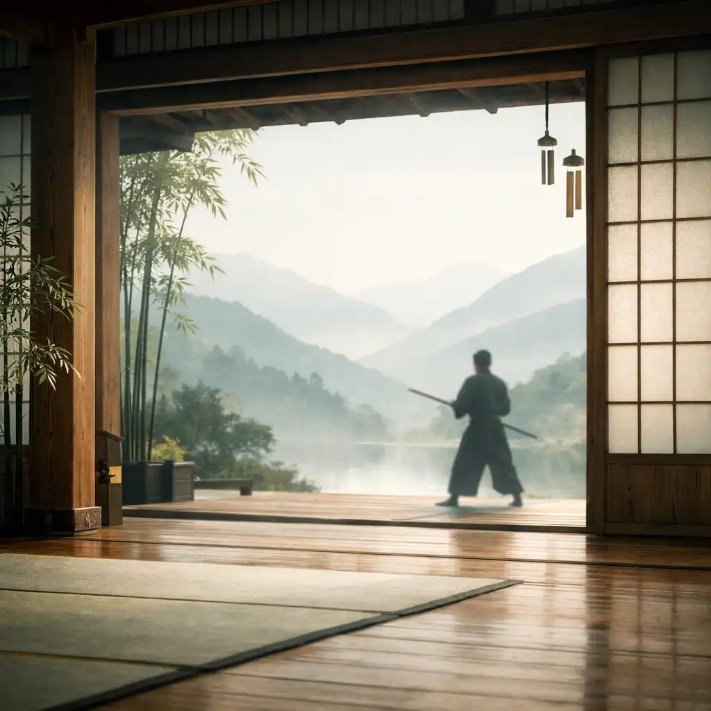 Intérieur lumineux d’un dojo avec tatami, écrans de papier de riz, bambous et montagnes noyées de brume à l’arrière-plan.