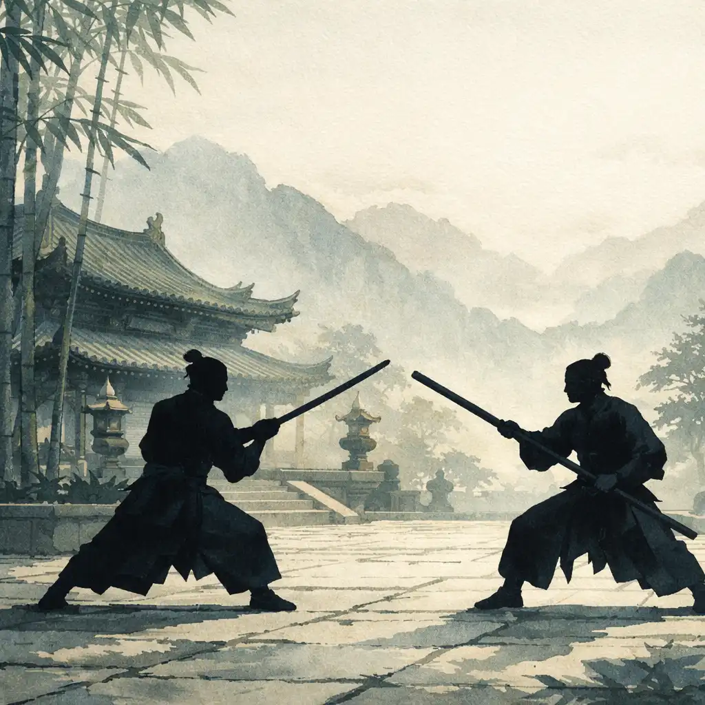 Deux combattants en silhouette dans une cour de temple entourée de brume