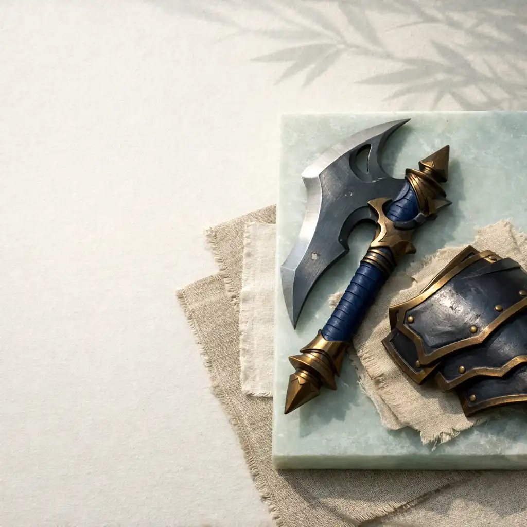 Arme et fragment d’armure sur pierre jade claire