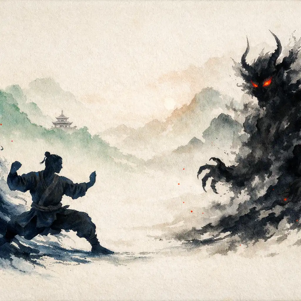 Silhouette d’artiste martial formée par l’encre face à un adversaire démoniaque dans un paysage brumeux