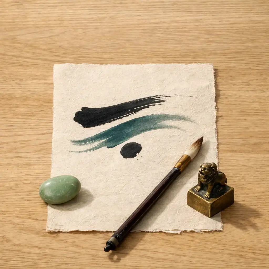 Pierre de jade, sceau de bronze et papier artisanal portant des traits d'encre