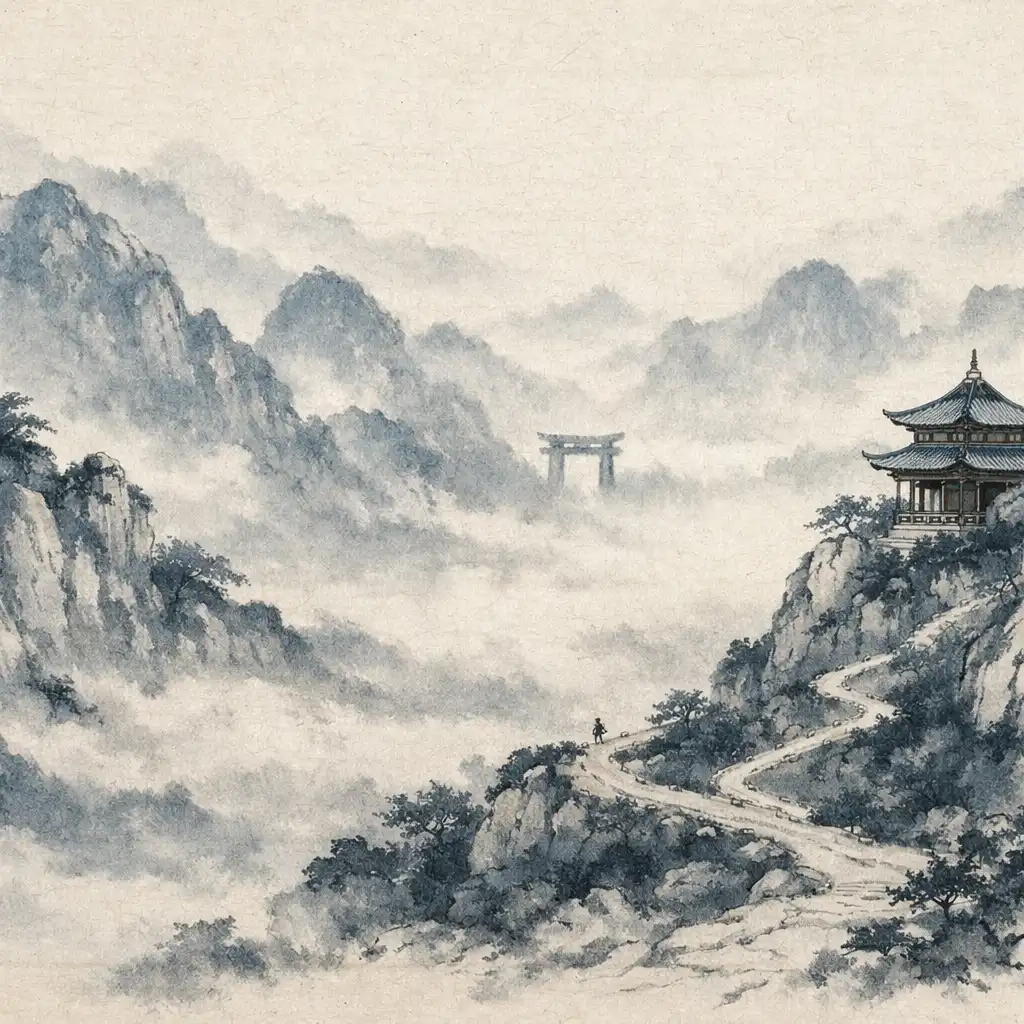 Chemin de montagne menant vers un petit temple dans une brume lumineuse